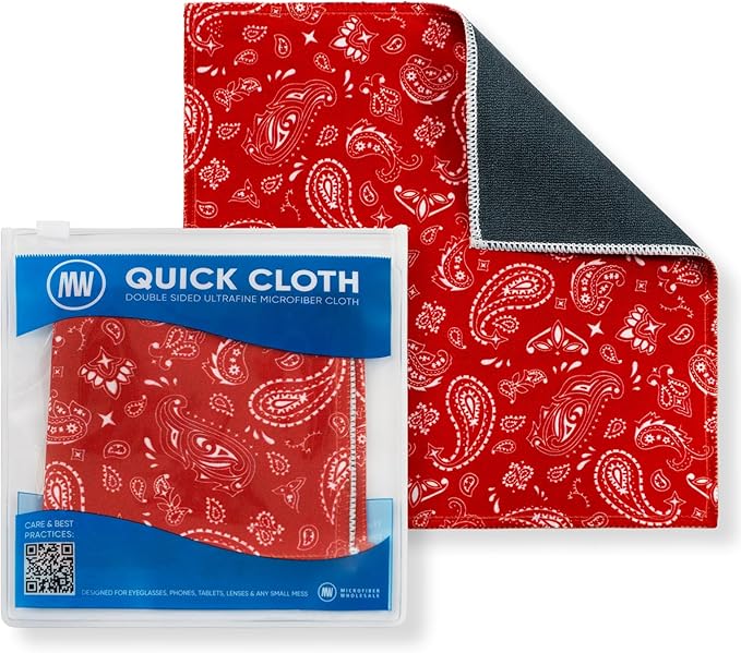 Quick Cloth Microfiber Glasses Cleaning Cloths – 8x8, Paisley Red, 1 Pack with Case | Double-Sided Lens Cleaner for Eyeglasses, Camera, Screens & Glass | Reusable Microfiber Glass Polishing Cloths