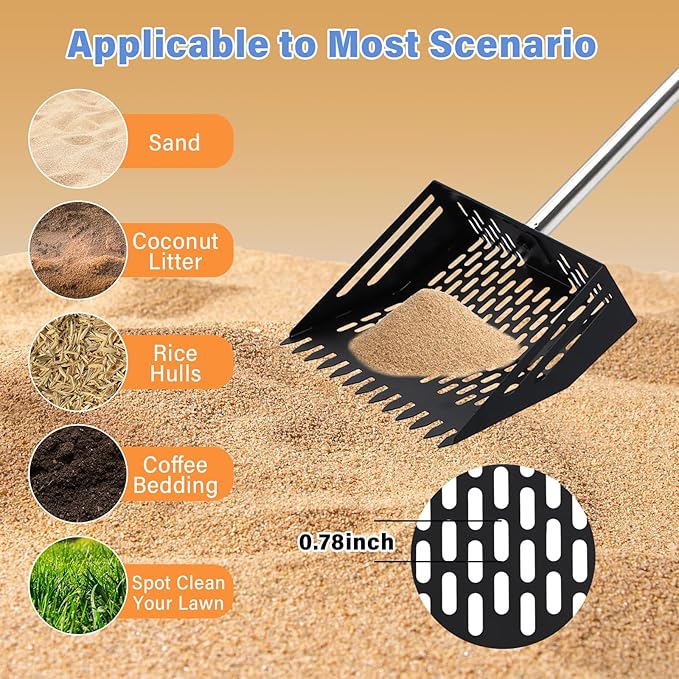 2-in-1 Chicken Poop Scooper & Rake, 10 Inch Coop Sand Sifting Shovel with 37" to 65" Adjustable Stainless Steel Handle, Litter Cleaning Tools with Gloves for Chicken Coop Farm Animals (Black)