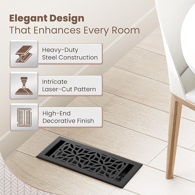 Floor Register 4x10 Vent Cover – 2 Pack – Heavy-Duty Steel, Rustproof & Walkable Grates, Drop-in Install, Adjustable Air Supply Switch - Decorative Floral Design, Textured Black