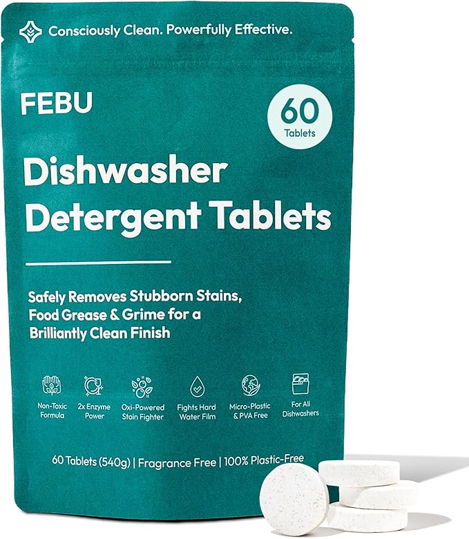FEBU Plastic-Free Dishwasher Detergent Tablets for Deep Cleaning | Non-Toxic Dishwasher Pods, 60 Loads, 9g, Spot & Film-Free Even in Hard Water | Dissolves Fully, Enzyme + Oxygen Power | Unscented