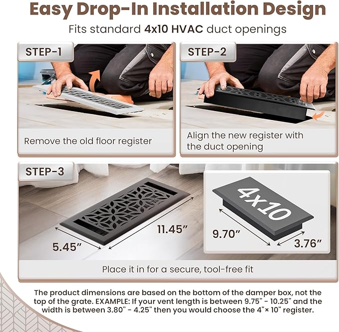 Floor Register 4x10 Vent Cover – 2 Pack – Heavy-Duty Steel, Rustproof & Walkable Grates, Drop-in Install, Adjustable Air Supply Switch - Decorative Floral Design, Textured Black