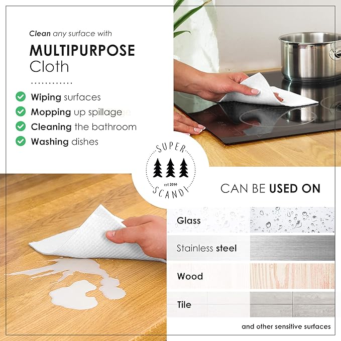 SUPERSCANDI 5 Pack Swedish Dishcloths for Kitchen - 100% Biodegradable & Compostable Reusable Paper Towels Washable, Food-Safe & Without Plastic - Dish Rags for Any Surface, Artdeco Black on White