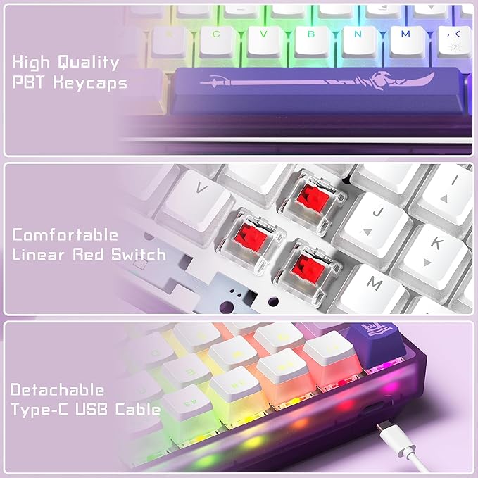 Womier 60% Percent Keyboard,WK61 V2 Mechanical RGB Wired Gaming Keyboard,Hot-Swappable Creamy Key Board with PBT Keycaps,Linear Red Switch for Windows/MAC (Purple)