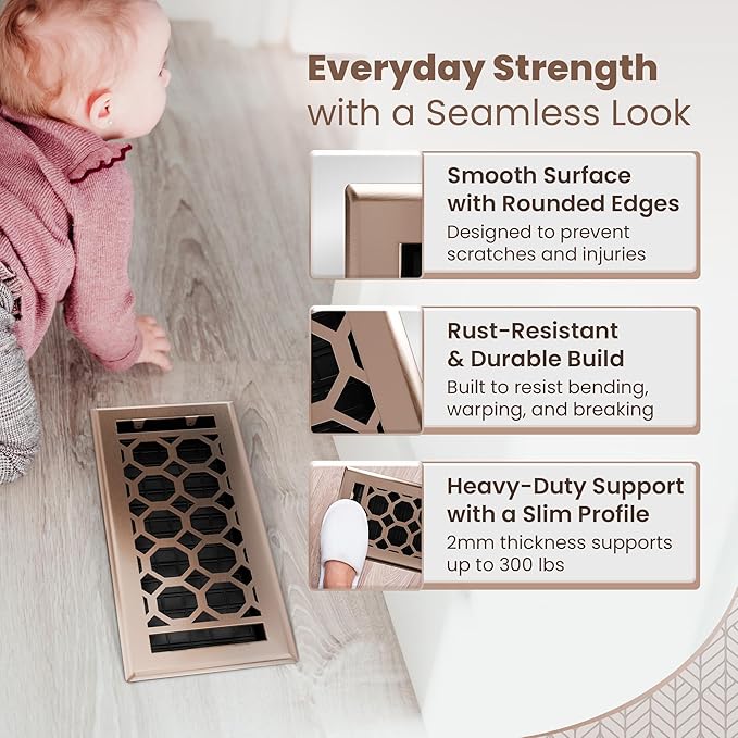 Floor Register 4x10 Vent Cover – 8 Pack – Heavy-Duty Steel, Rustproof & Walkable Grates, Drop-in Install, Adjustable Air Supply Switch - Decorative Honeycomb Design, Satin Bronze