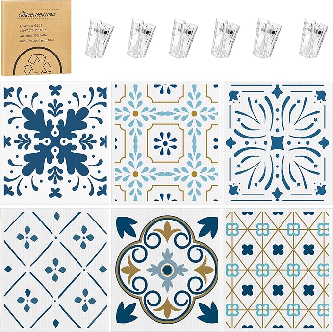 6 Pack Swedish Dishcloths for Kitchen,Swedish Rags Dish Towels with Clips, Reusable Paper Towels Washable Absorbent Cellulose Sponge Cloths for Cleaning Home Kitchen Valentines Gifts for Women