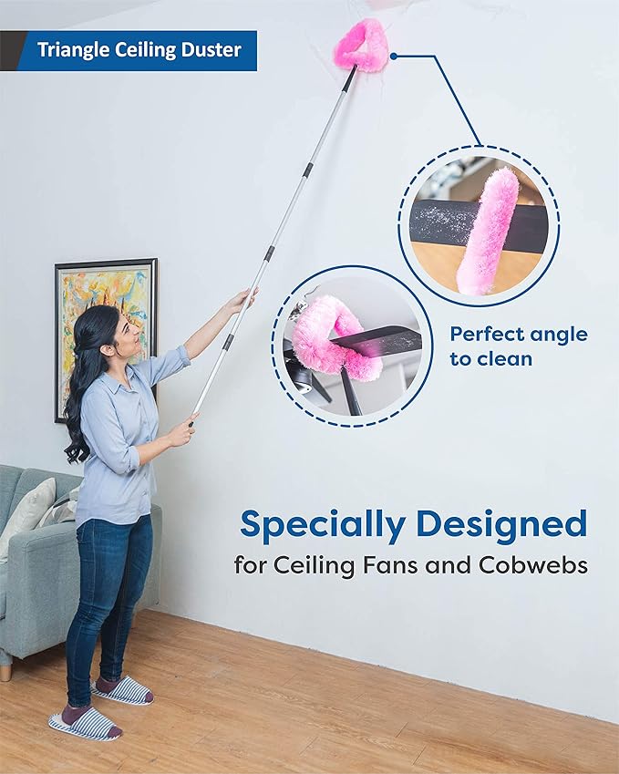 Feather Duster Kit with 5.6ft Extension Pole, 4 Dusting Brush for Cleaning Home Wall Ceiling Fan Cobweb, Microfiber Static Washable Dusters, Pink Violet