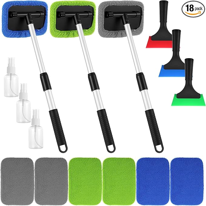 18PCS Windshield Cleaner Tool, Inside Car Window Cleaning Tool with 3 Window Tint Squeegee, 9 Microfiber Pads and 3 Spray Bottles for Car Windshield Window, Mirror, Glass Door