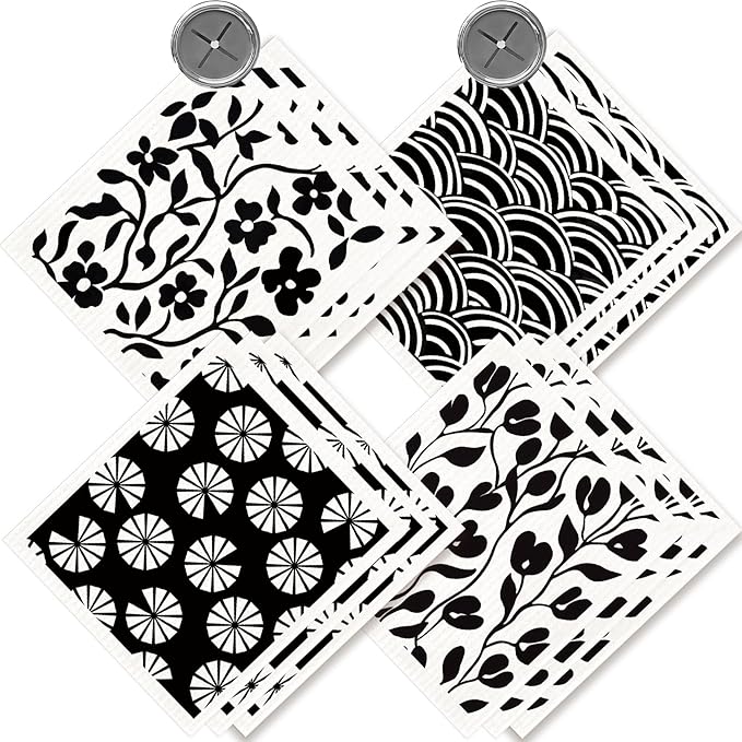 Morigins 12 Pack Swedish Dishcloths with 2 Push Towel Hooks - Super Absorbent Dish Rags for Washing Dishes, Quick Drying Wash Cloth for Kitchen Cleaning- Black Set