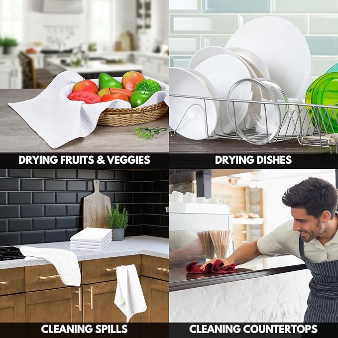 White Waffle Kitchen Towels Set of 4-100% Cotton, Super Absorbent, Soft, Quick Drying, 16x26 Inches, with Hanging Loop, Perfect for Dish Drying, Cleaning, Bar & Everyday Use