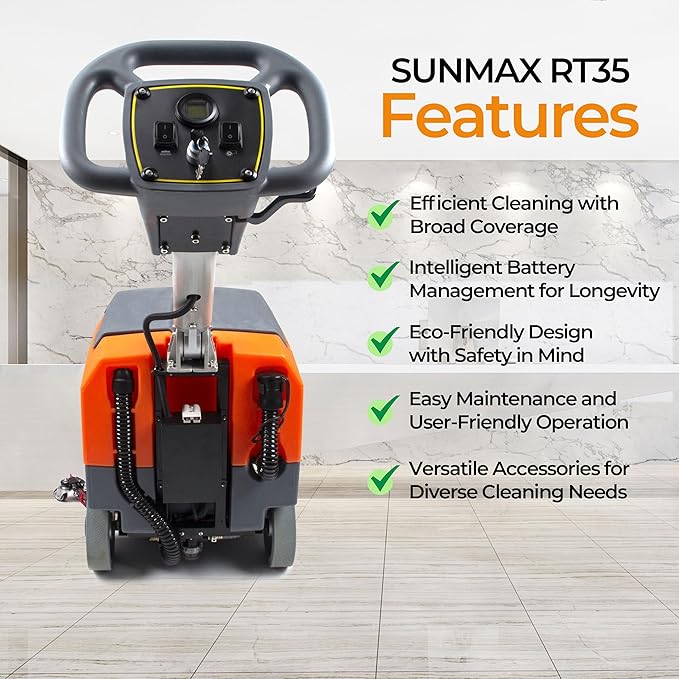 SUNMAX RT35 Walk-Behind Floor Scrubber Polisher Machine, 17" Rotary Disc Brush and Red Sourcing Pad, 22" Squeegee Width, 9.2-gal Tank, 19000 sqft/h, Anti-Collision Wheel