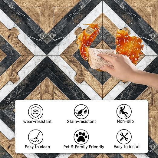 Nuxovilar Peel and Stick Vinyl Floor Tiles, 12x12 Inch Geometric Wood & Marble Mosaic Pattern, Self-Adhesive Flooring (10 Pcs)