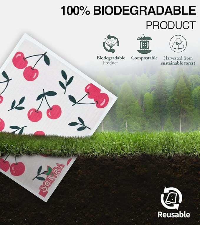 10 PCS Fruit Print Swedish Dishcloths for Kitchen 100% Biodegradabl, Reusable Cellulose Sponge Cloth, Ultra Absorbent, Eco Friendly Cleaning Towels | Dishcloths for Washing Dishes & General Cleaning