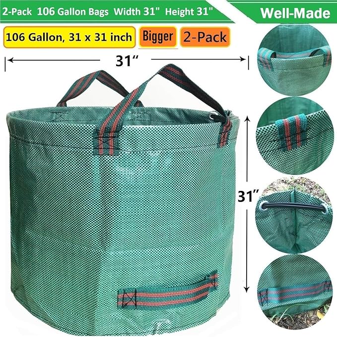 Professional 2-Pack 106 Gallon Big Lawn Garden Bags (D31,H31 inch) Large Yard Waste Bags with Gardening Gloves,Leaf Bag,Yard Debris Bags,Garden Trash Container,Lawn Grass Clippings,Weeds Bag 4 Handles