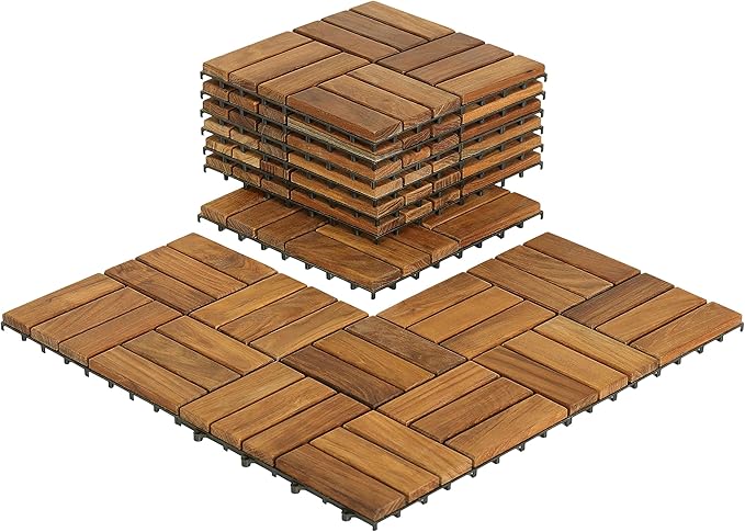 Bare Decor BARE-WF2009 Solid Teak Wood Interlocking Flooring Tiles (Pack of 10), 12" x 12", Brown