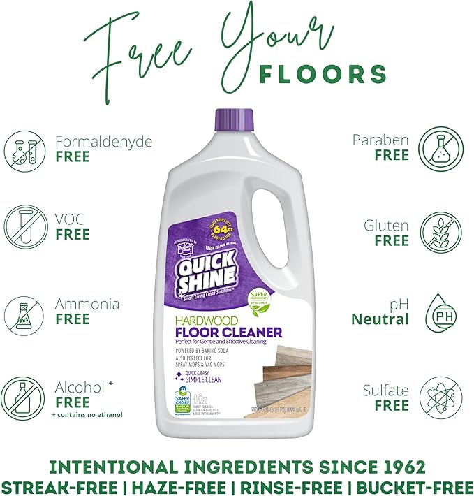 Quick Shine Hardwood Floor Cleaner 64oz, 4Pk| Use in Spray & Vac Mops| Removes Dirt & Scuff Marks| Ready-to-Use, Streak Free, No Rinse| Safer Choice Cleaner| Perfect for Gentle and Effective Cleaning
