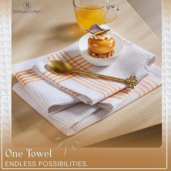Waffle White & Mustard Yellow Set of 12 Kitchen Towels, 100% Cotton, 16x26 inches, Soft and Durable Dish Towel, Quick Dry Dishcloths, Ideal for Drying Dishes, Cleaning, Wiping