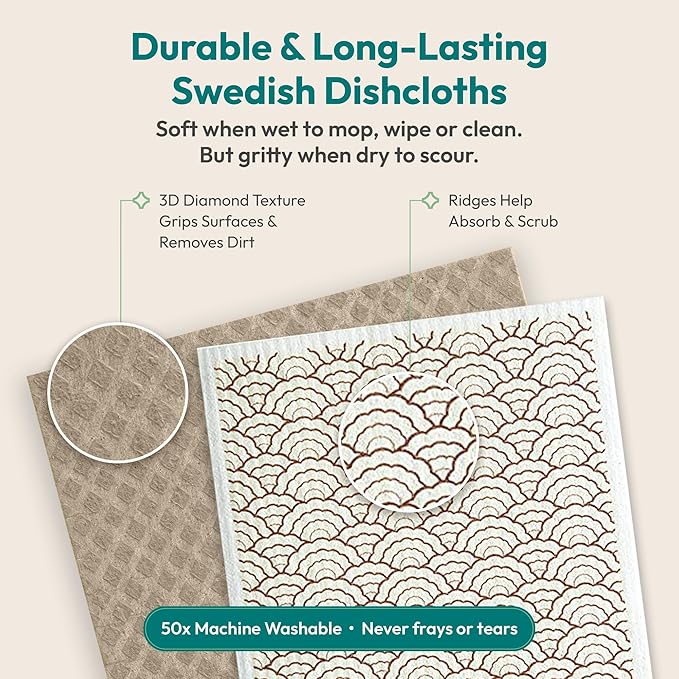 FEBU Swedish Dishcloths for Kitchen | 5 Pack Faded Summer Reusable Paper Towels Washable | Swedish Dish Towels | Non-Scratch Cellulose Sponge Cloths | No Odor, Biodegradable Cleaning Cloths