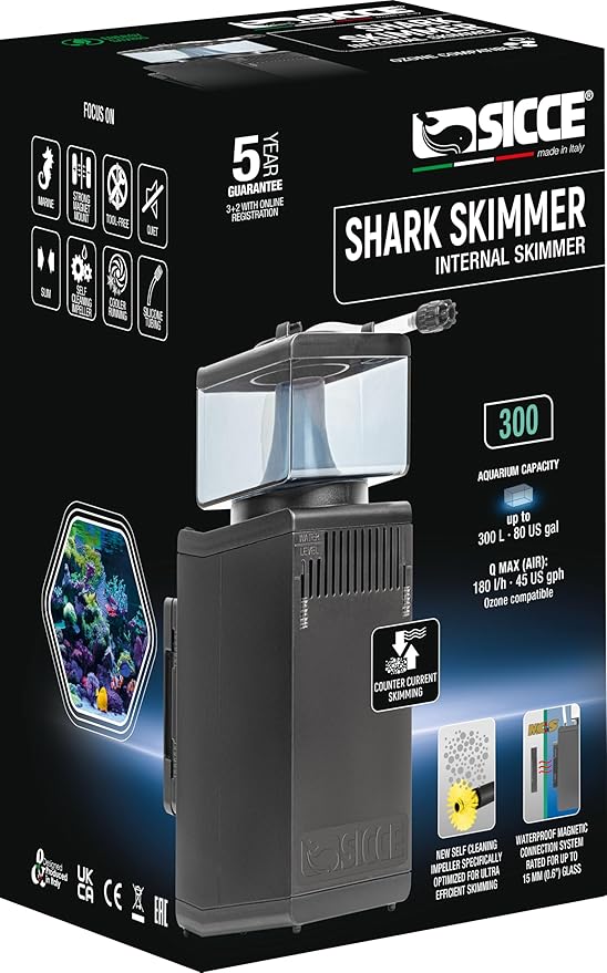 Sicce Shark Nano Protein Skimmer 300 up to 80 Gallon Saltwater Aquariums | Ultra Quiet Pump, Adjustable, Compact, Small Aquarium Marine Reef Tank