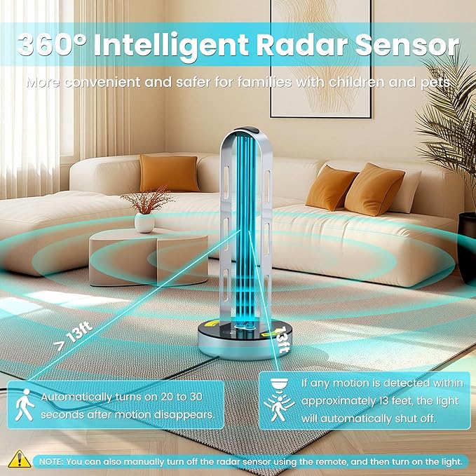 UV Light Sanitizer, 100W Ultraviolet Lamp with Remote Control for Bed Bugs and Dust Mites, Home Disinfection Device UV Lamp with Motion Sensor,3 Speed Timings for Home, Room & Kitchen
