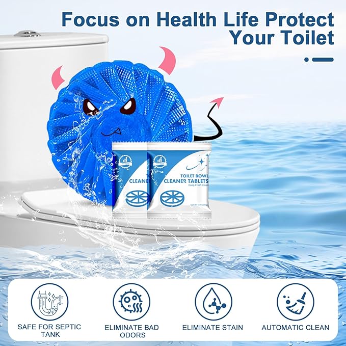 Automatic Toilet Bowl Cleaner Tablets Blue Gel Toilet Tank Cleaners, Septic-Safe Hard Water Ring Stain Remover, Prevent Stain Build Up Bathroom Cleaning & Deodorizer - 60 Tabs