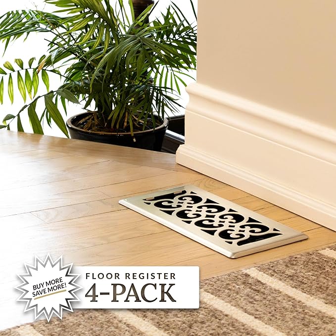 Decor Grates (4-Pack) SPH410-NKL Scroll Design Floor Register, 4x10 Inches, Brushed Nickel Finish