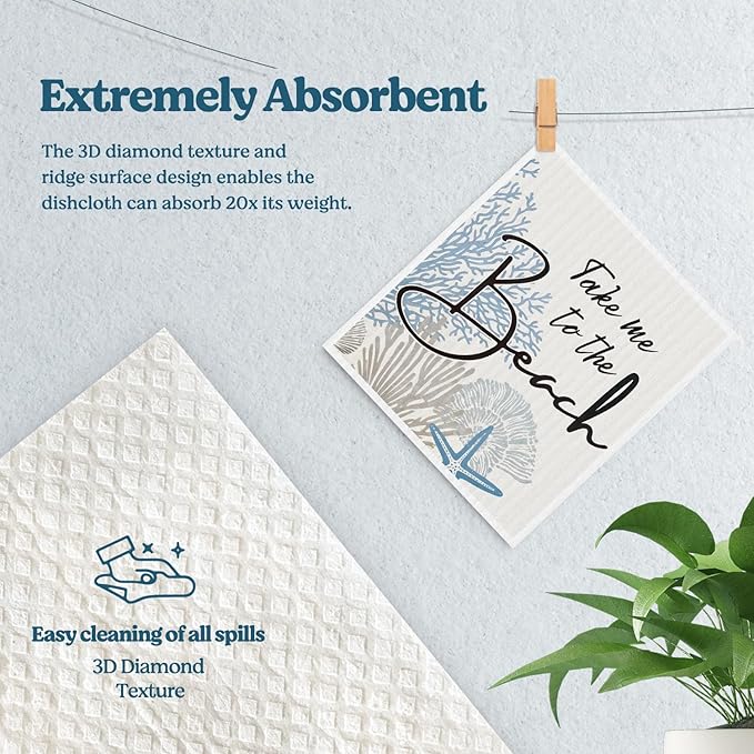 Swedish Dishcloths for Kitchen, Summer Coastal Ocean Kitchen Dish Towels for Washing Dishes, 4 Pack Reusable Paper Towels, Home Sweet, Sponge Cloths for Cleaning Home Kitchen Decor