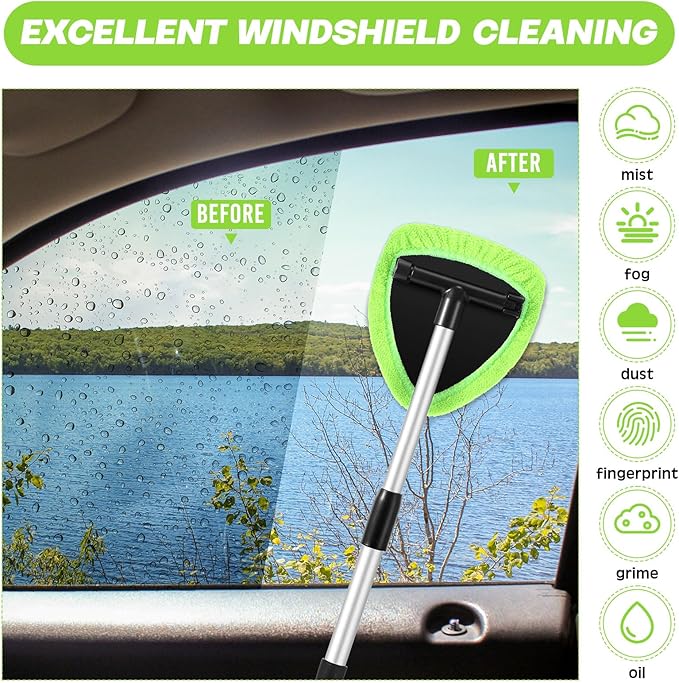 8 Pcs Car Windshield Cleaner Tool Kit with Extendable Handle, Microfiber Towel Pads, Brush, Empty Spray Bottle for Auto Glass Wiper Suvs Rvs & Home Windows (Green)