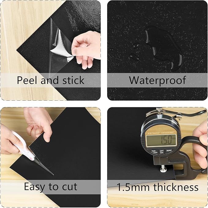 12''x12'' Black Peel and Stick Floor Tile 16PCS Waterproof Vinyl Flooring Tile for Bathroom Self Adhesive Wall Panels for Bedroom Sticky Tiles for Kitchen RV Black Stick on Tiles Home Laminate Floor