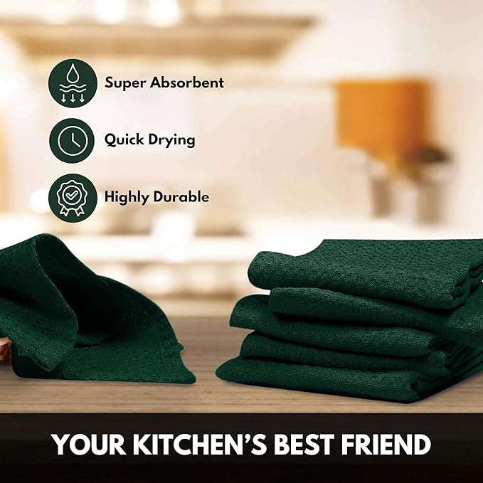 Forest Green Kitchen Towels – Waffle Weave, 100% Cotton, Soft & Absorbent, Fast Dry, Durable, 16x26 Inches, Perfect for Dish Drying, Cleaning, and Everyday Use, Set of 4, Olive Green