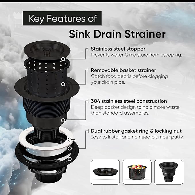 Strictly Sinks Sink Drain Strainer with Removable Basket - 3-1/2 Inch Stainless Steel Round Kitchen Sink Drain Assembly Kit with Deep Strainer Basket & Stopper (Black)