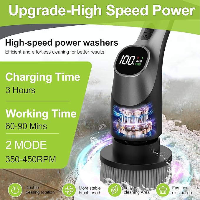 WKY-Electric Spin Scrubber - Upgraded 12-in-1 IPX7 Waterproof Shower Scrubber, Retractable Handle & 2-Speed for Toilet, Bathroom, Bathtub, Tile Floors Black