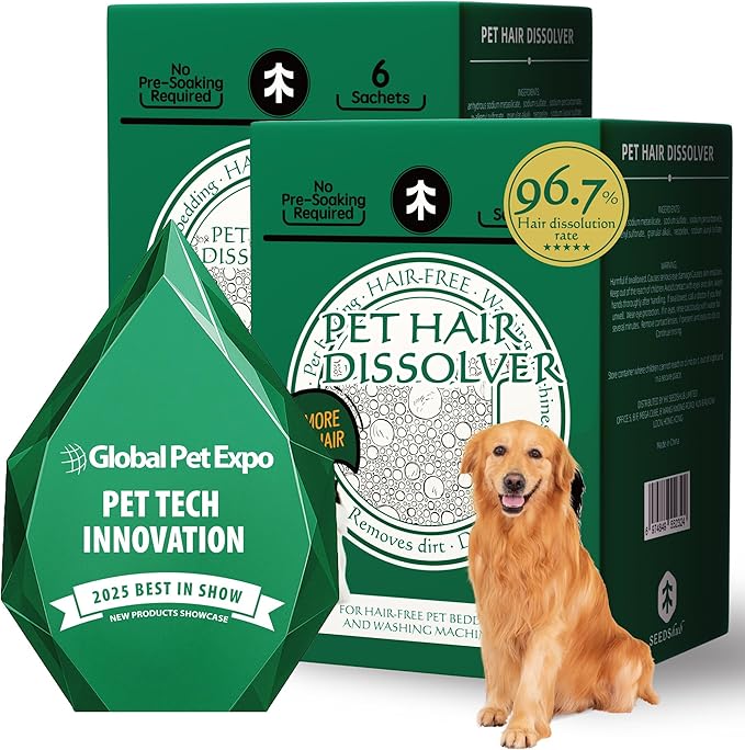 Pet Hair Dissolver for Washing Machine, Pet Hair Remover for Laundry, 96.7% Dissolution Rate, Pet Fur Remover for Dogs, 12 Sachets (2 Boxes), Up to 12 Months of Use, HE/Top/Front-Load