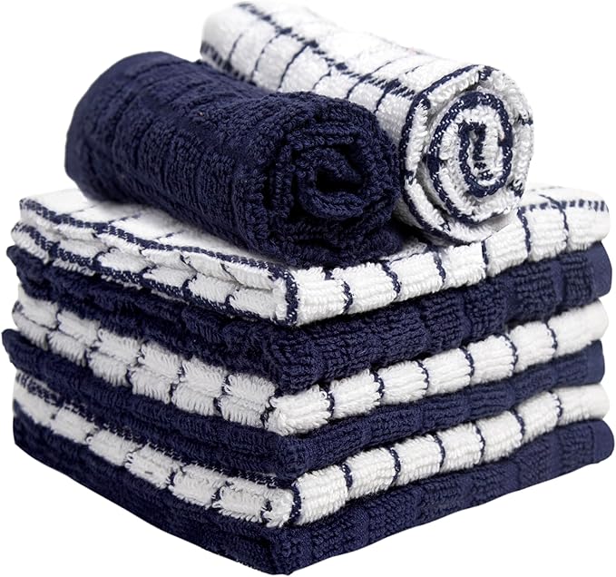 Bumble Premium Cotton Dish Cloths 12" x 12"| Navy Design | 405 GSM | Highly Absorbent & Soft Dish Towels | 100% Natural Ring Spun Cotton Kitchen Towel Set - 6 Pack