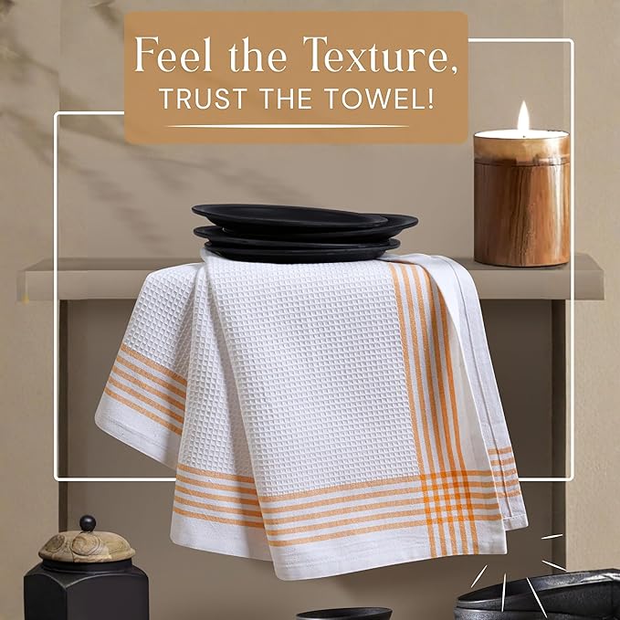 Waffle White & Mustard Yellow Set of 12 Kitchen Towels, 100% Cotton, 16x26 inches, Soft and Durable Dish Towel, Quick Dry Dishcloths, Ideal for Drying Dishes, Cleaning, Wiping