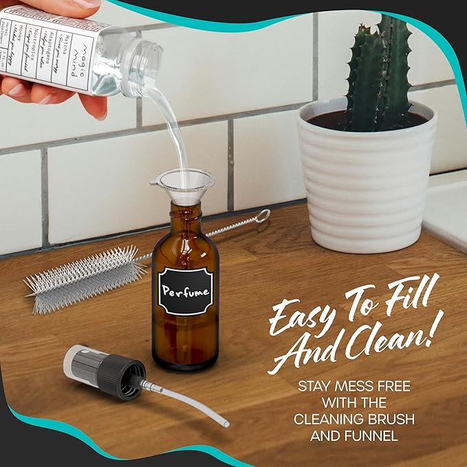 Nevlers 1 Oz Amber Glass Spray Bottles for Cleaning & Refreshment | Small Travel Spray Bottle 24 Pack w/Shrink Wrap, Funnel, Brush, Marker & Labels | Fine Mist Sprayer | Mini Perfume Refillable Bottle
