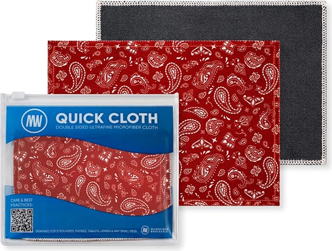 Quick Cloth Microfiber Glasses Cleaning Cloths – 5x7, Paisley Red, 2 Pack with Case | Double-Sided Lens Cleaner for Eyeglasses, Camera, Screens & Glass | Reusable Microfiber Glass Polishing Cloths