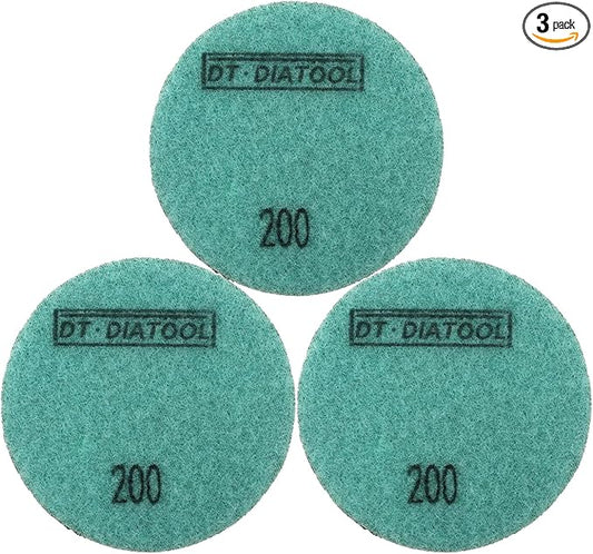DT-DIATOOL 3 Inch Diamond Polishing Pads, 3pcs #200 Wet Polishing Hook and Loop Pads for Concrete Countertop