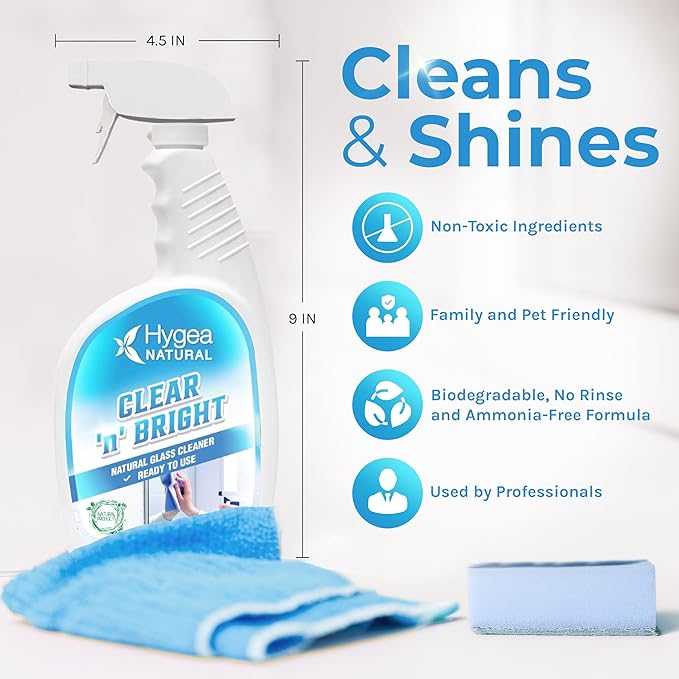 Hygea Natural Clear 'n' Bright - Glass Cleaner Spray - Streak-Free & Ammonia-Free Window Cleaning - Eyeglass, Window & Mirrors Cleaning Supplies - Safe & Fast with Natural Ingredients (24 oz Spray)
