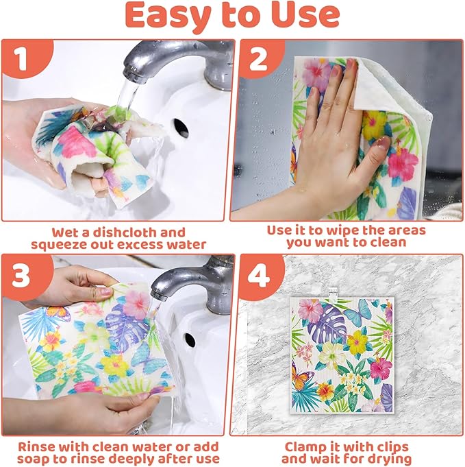 6 Pack Swedish Dishcloths for Kitchen, Swedish Rags Absorbent Floral Dish Cloths Dish Towels with Adhesive Clips, Reusable Paper Towels No Odor for Cleaning Kitchen Valentines Gifts for Women