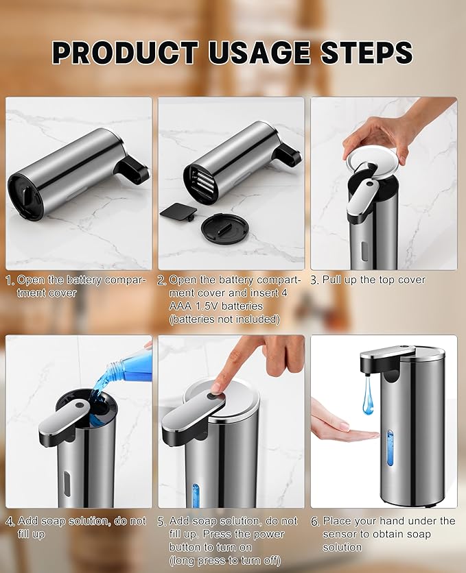 Automatic Soap Dispenser, 13.5oz/400ml Stainless Steel Touchless Soap Dispenser Liquid, 3 Levels Adjustable Infrared Sensor Free Hand Electric Dish Dispenser for Bathroom,Kitchen,Hotel