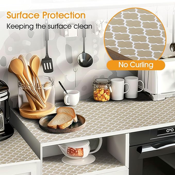 Shelf and Drawer Liner for Kitchen Cabinets Non-Adhesive, Strong Grip Non-Slip Thickened Cabinet Liners for Shelves, Waterproof Mats for Dresser Cupboard, Beige, 23 in x 10 Feet
