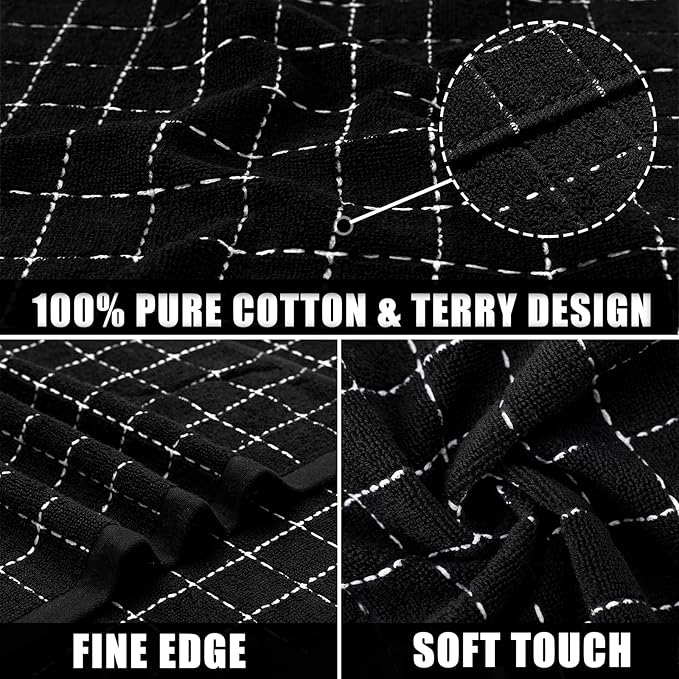 Mordimy 100% Cotton Terry Cloth Dish Cloths, Soft and Absorbent Checkered Dish Towels, Quick Drying Dish Rags for Washing Dishes, 6 Pack, 12 x 12 Inches, Black