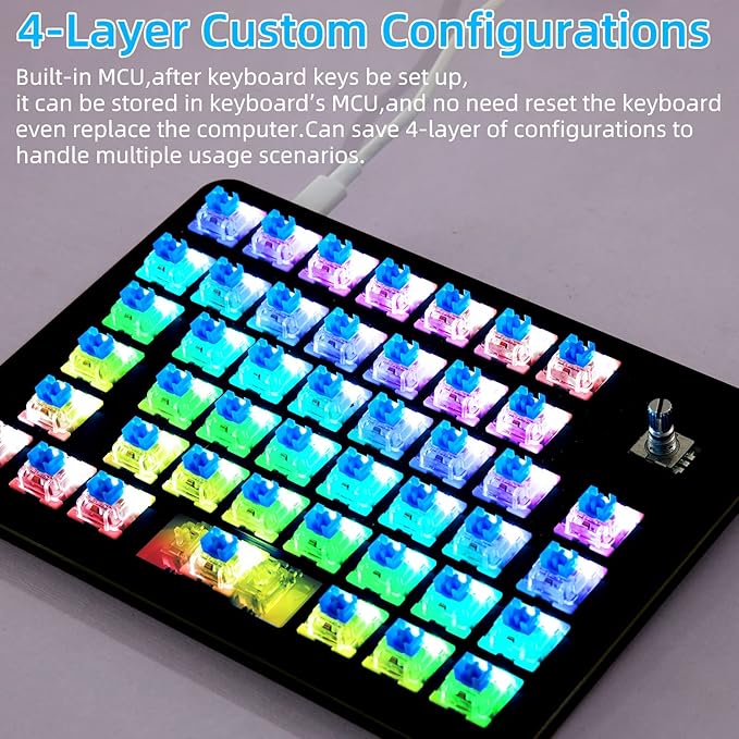 Koolertron One Handed Mechanical Gaming Keyboard, 45-Key Fully Programmable Mini Keypad, Mini USB Macro Keyboard with Rotating Knob, RGB Backlit Red Switches, for Windows PC Gamers