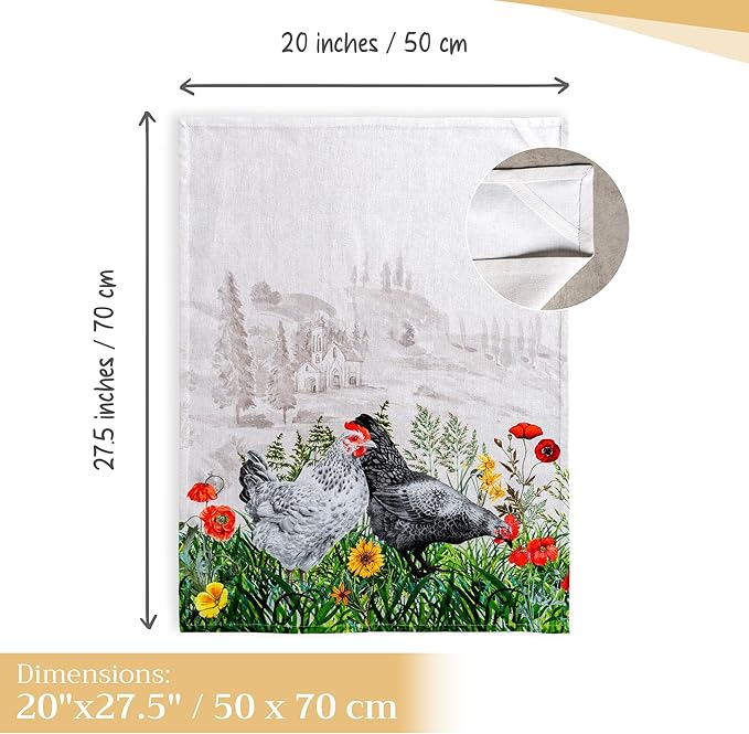 Maison d' Hermine Kitchen Towels Set of 3 100% Cotton 27.50" x 20" Reusable Cloth Tea Dish Towels Absorbent with Hanging Loop for Kitchen, Home, Dining, Cocktail Parties Spring/Summer (Basse Cour)