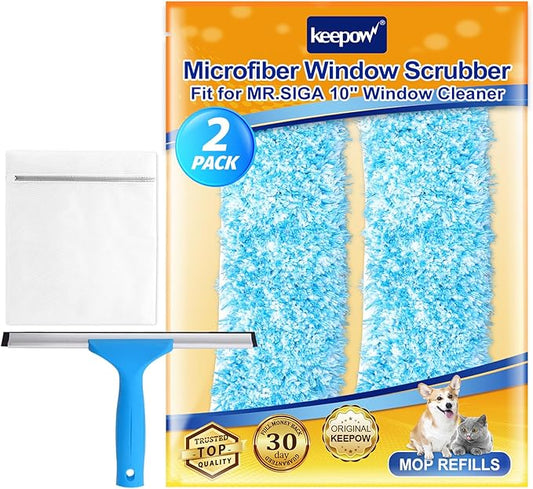KEEPOW 10" Professional Microfiber Window Scrubber Refill Replacement Compatible with MR.SIGA, Compatible with Ettore Window Cleaning Tools, Reusable & Washable Window Squeegee for Home (2 Pack)