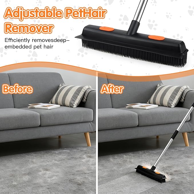 Carpet Rake for Pet Hair Removal, 5 in 1 Reusable Pet Hair Removal Tool Kit, Cat & Dog Hair Carpet Rake, Adjustable Long Handle Pet Hair Removel Tool, Pet Hair Broom for Carpet, Rugs, Mats, Furniture