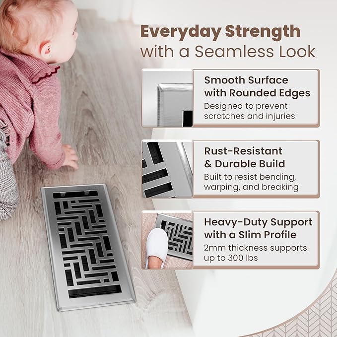 Floor Register 4x10 Vent Cover – 8 Pack – Heavy-Duty Steel, Rustproof & Walkable Grates, Drop-in Install, Adjustable Air Supply Switch - Decorative Herringbone Design, Brushed Nickel