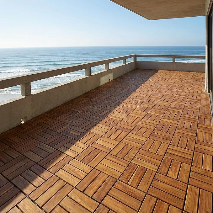 Bare Decor BARE-WF2009 Solid Teak Wood Interlocking Flooring Tiles (Pack of 10), 12" x 12", Brown