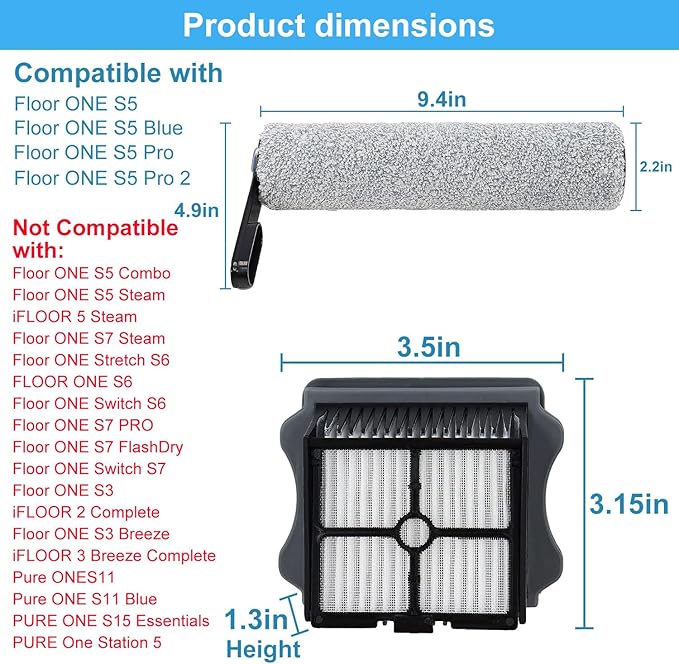 【for ONE S5 Blue】【for ONE S5 Pro 2】Roller Brush and Filters for Tineco Floor ONE S5 /Floor One S5 Pro Cordless Wet Dry Vacuum Cleaner, Replacement Parts Include 2 Brush Rollers,4 Filters