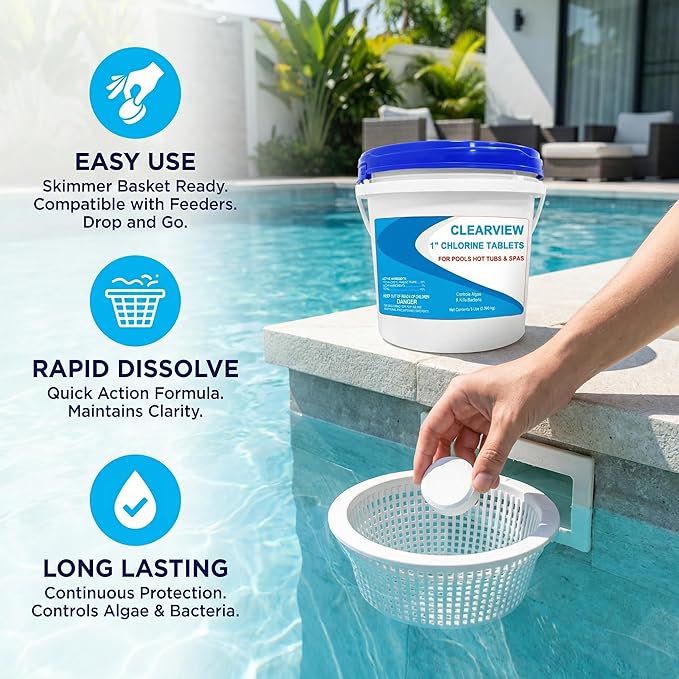 ClearView Chlorine Tablets 1 Inch 5 Lbs for Swimming Pools, Long-Lasting Stabilized 1" Chlorinating Tablets for Spa Hot Tub Chemicals, Pool Chlorinating Sanitizer 90% Available Chlorine